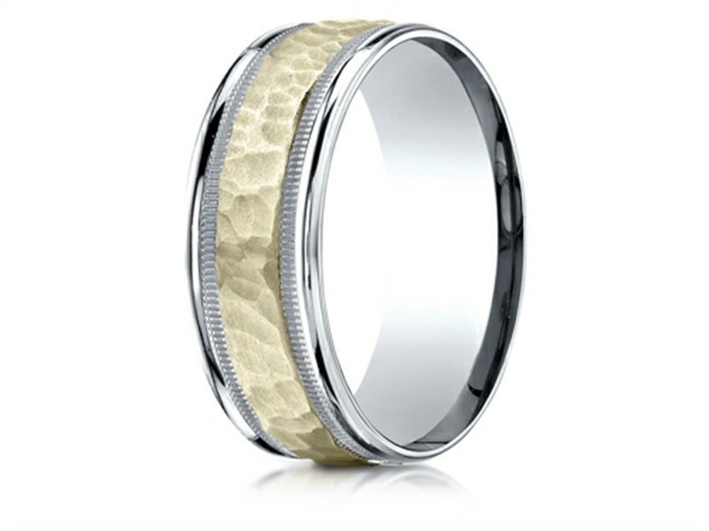 Benchmark® 14 kt Two Tone Goldd 8mm Comfort-fit Hammered-finished With Milgrain Carved Design Wedding Band Ring
