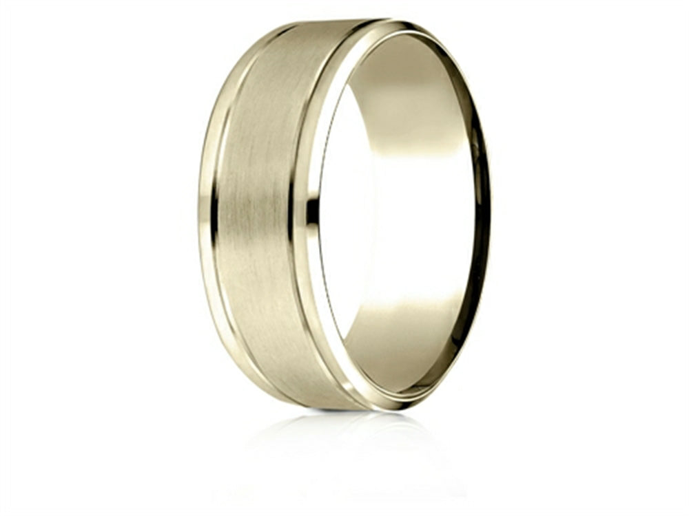 Benchmark® 14 Karat Yellow Gold 8mm Comfort-fit Drop Bevel Satin Finish Design Wedding Band Ring