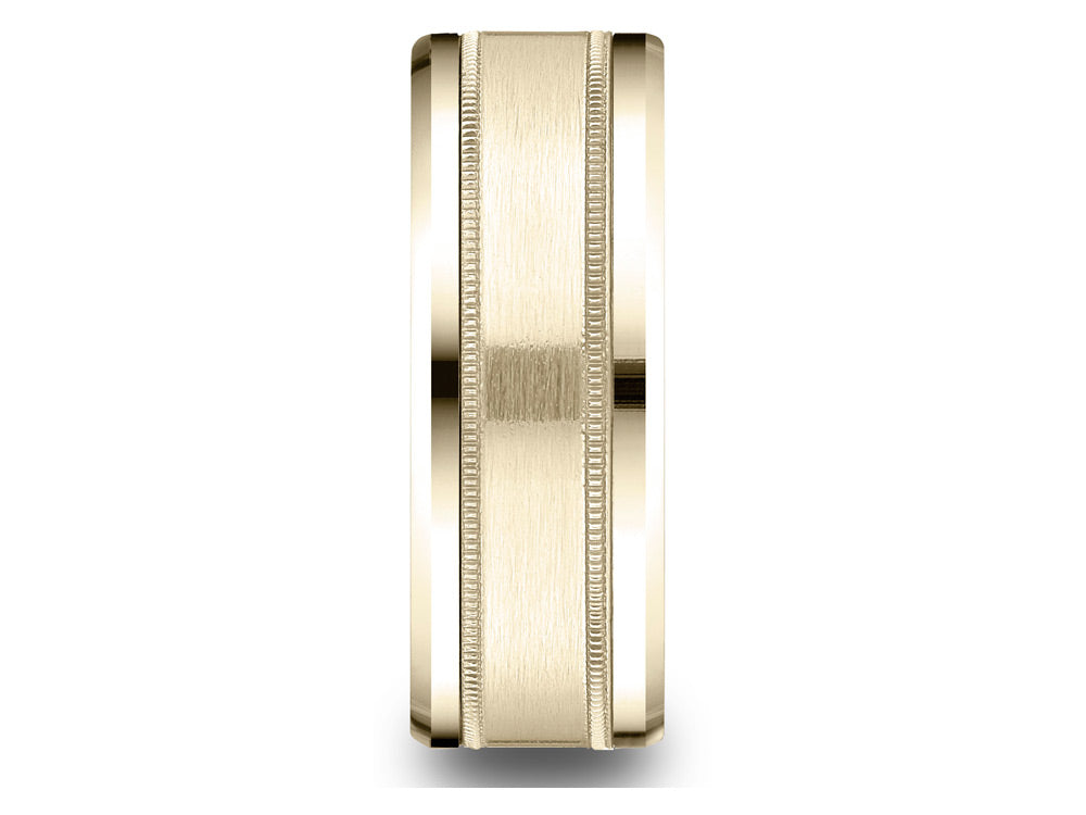 Benchmark® 14 Karat Gold 8mm Comfort-fit Drop Bevel Satin Finish Milgrain Design Wedding Band Ring