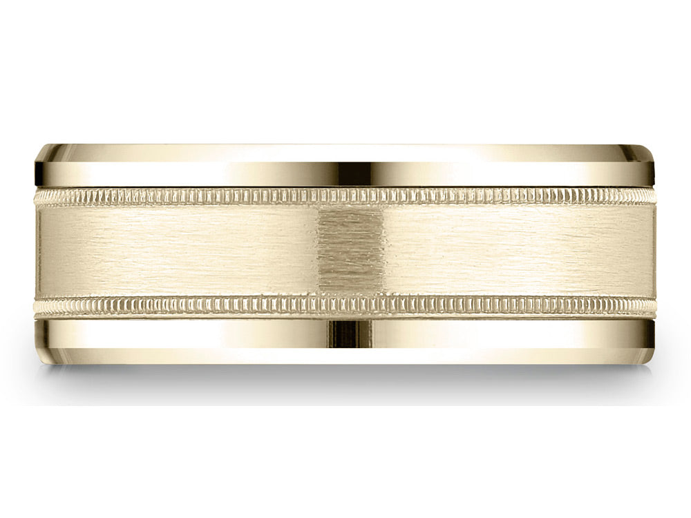 Benchmark® 14 Karat Gold 8mm Comfort-fit Drop Bevel Satin Finish Milgrain Design Wedding Band Ring