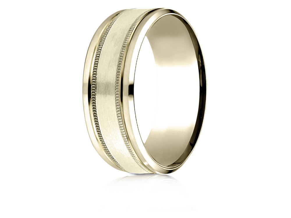 Benchmark® 14 Karat Gold 8mm Comfort-fit Drop Bevel Satin Finish Milgrain Design Wedding Band Ring
