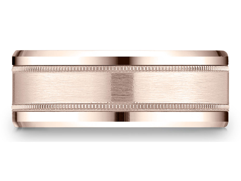 Benchmark® 14 Karat Rose Gold 8mm Comfort-fit Drop Bevel Satin Finish Milgrain Design Wedding Band Ring