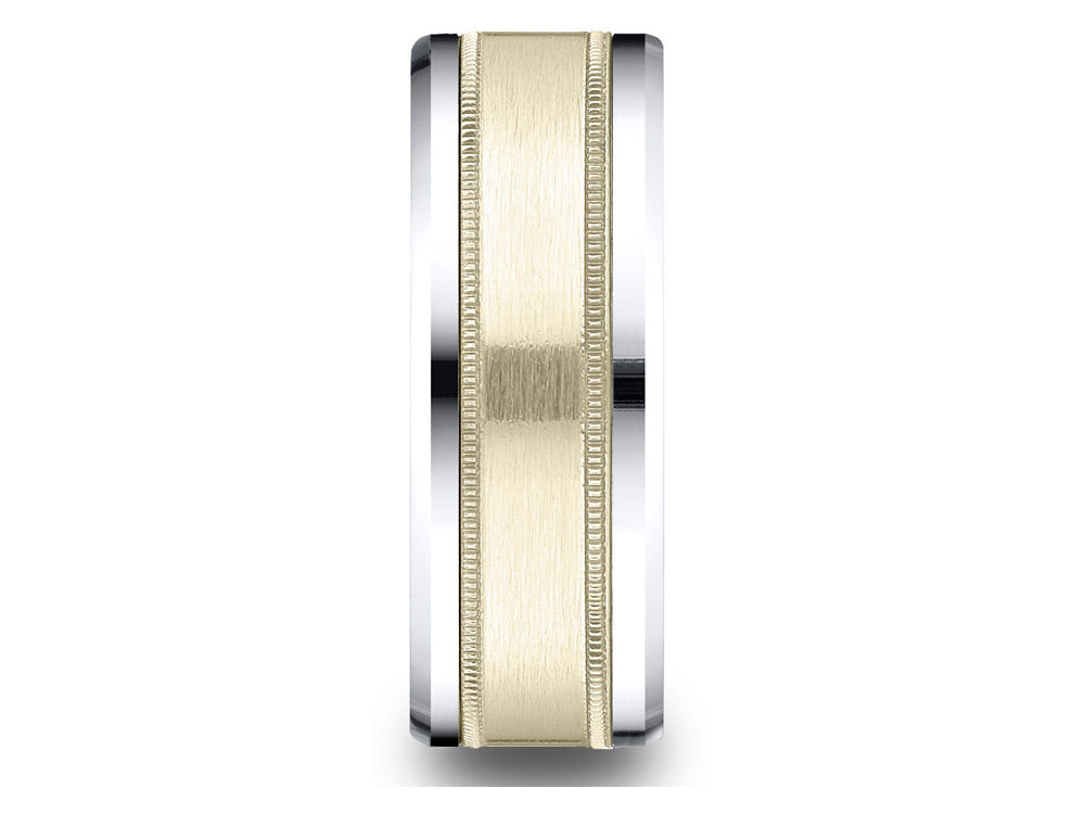 Benchmark® 14 kt Two Tone Goldd 8mm Comfort-fit Drop Bevel Satin Finish Milgrain Design Wedding Band Ring