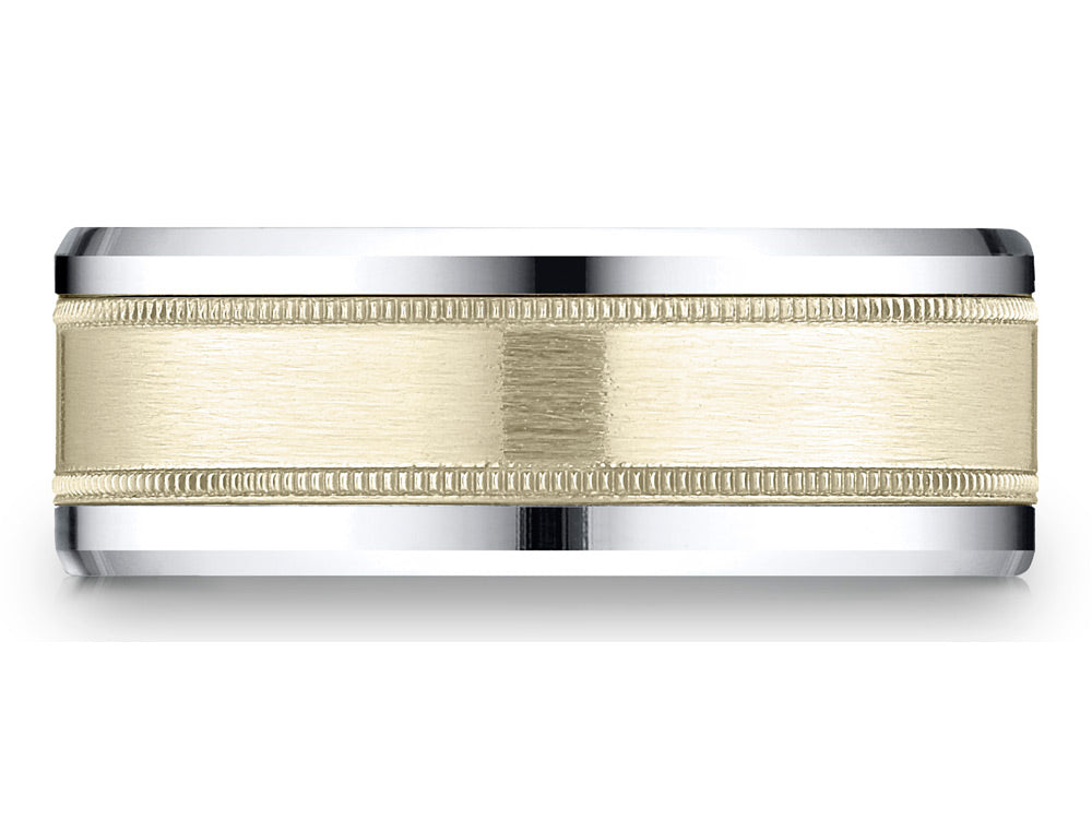 Benchmark® 14 kt Two Tone Goldd 8mm Comfort-fit Drop Bevel Satin Finish Milgrain Design Wedding Band Ring