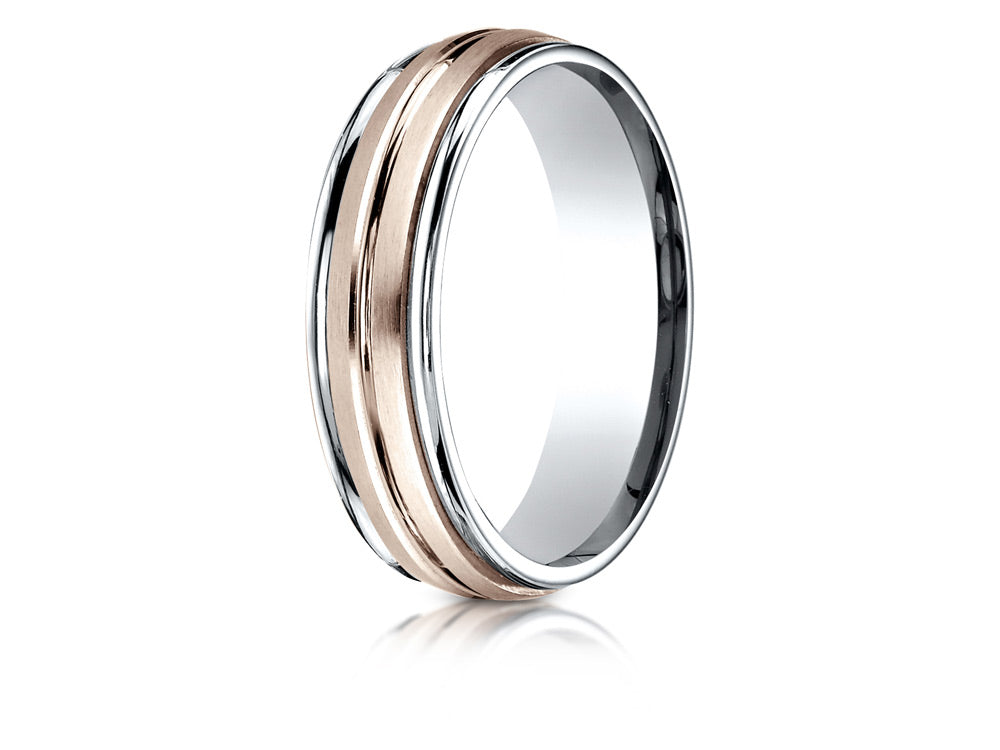 Benchmark® 14 kt Two Tone Goldd 6mm Comfort-fit Satin Finish Center Cut Design Wedding Band Ring