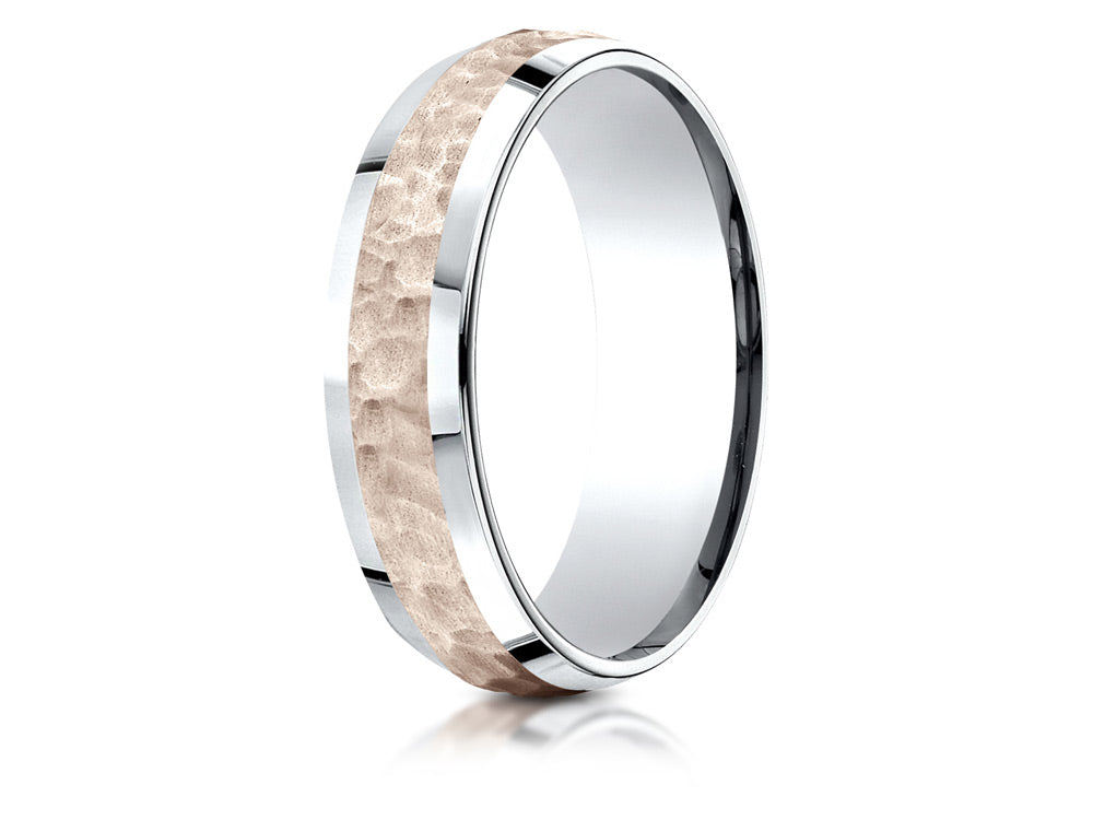 Benchmark® 14 kt Two Tone Goldd 6mm Comfort-fit Hammer Finish Beveled Edge Design Wedding Band Ring