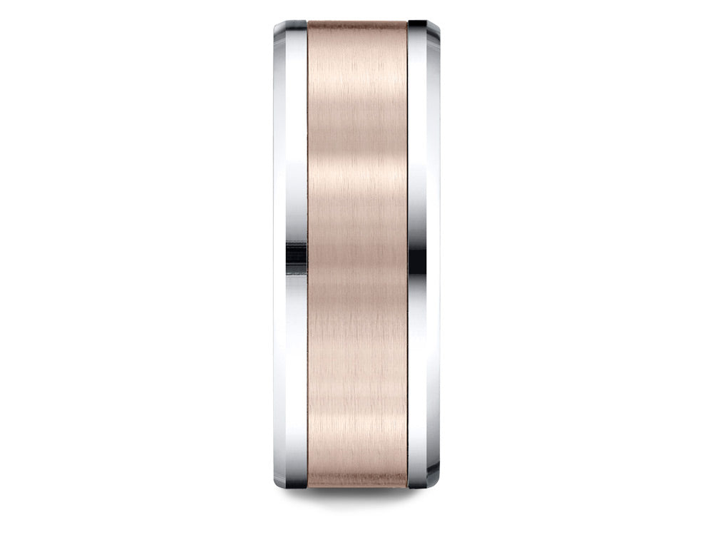 Benchmark® 14 kt Two Tone Gold (Rose and White) 8mm Comfort-fit Drop Bevel Satin Finish Design Wedding Band Ring
