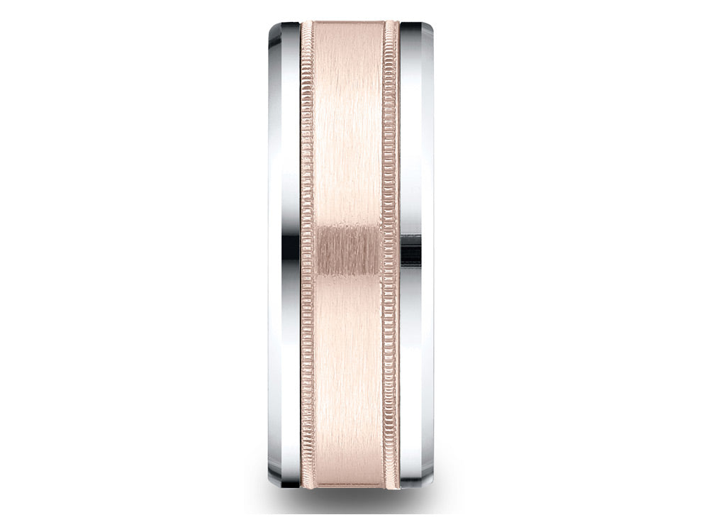 Benchmark® 14 kt Two Tone Goldd 8mm Comfort-fit Drop Bevel Satin Finish Milgrain Design Wedding Band Ring