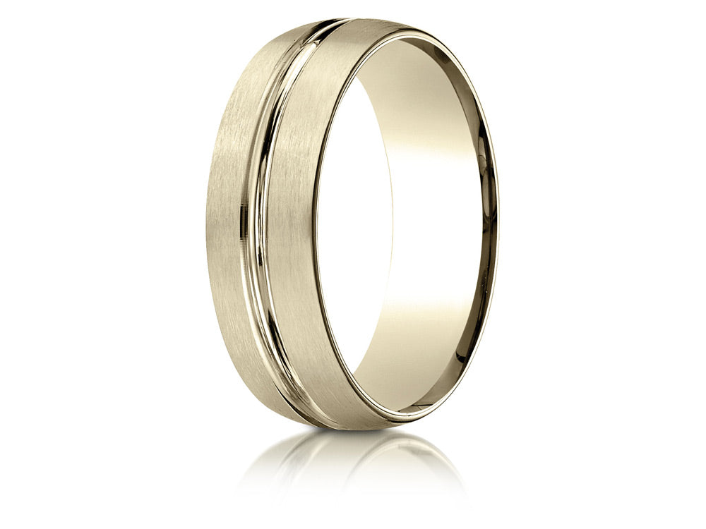 Benchmark® 10k Gold 7mm Comfort-fit Satin-finished With High Polished Center Cut Carved Design Wedding Band Ring
