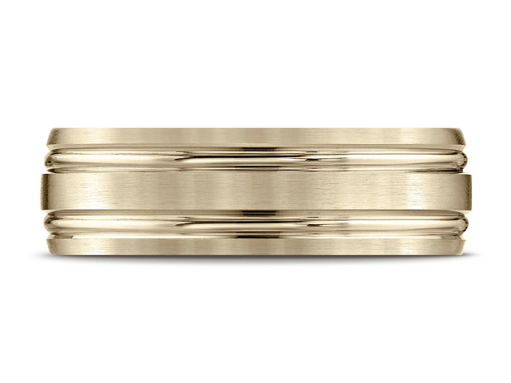 Benchmark® 14k Gold 7mm Comfort-fit Satin-finished With Parallel Grooves Carved Design Wedding Band Ring