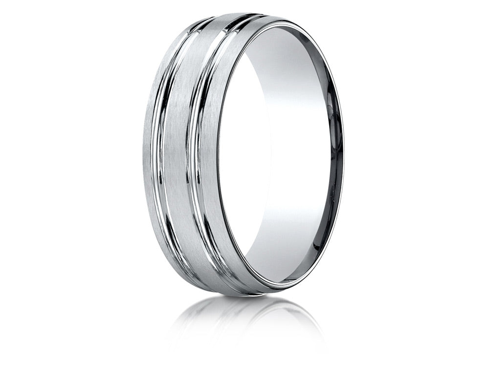 Benchmark® 10k Gold 7mm Comfort-fit Satin-finished With Parallel Grooves Carved Design Wedding Band Ring