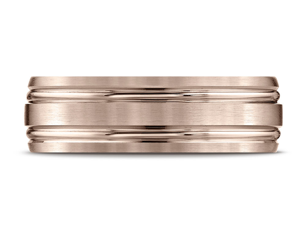 Benchmark® 14k Rose Gold 7mm Comfort-fit Satin-finished With Parallel Grooves Carved Design Wedding Band Ring
