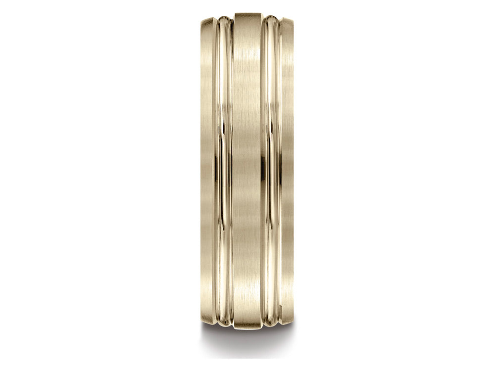 Benchmark® 18k Gold 7mm Comfort-fit Satin-finished With Parallel Grooves Carved Design Wedding Band Ring
