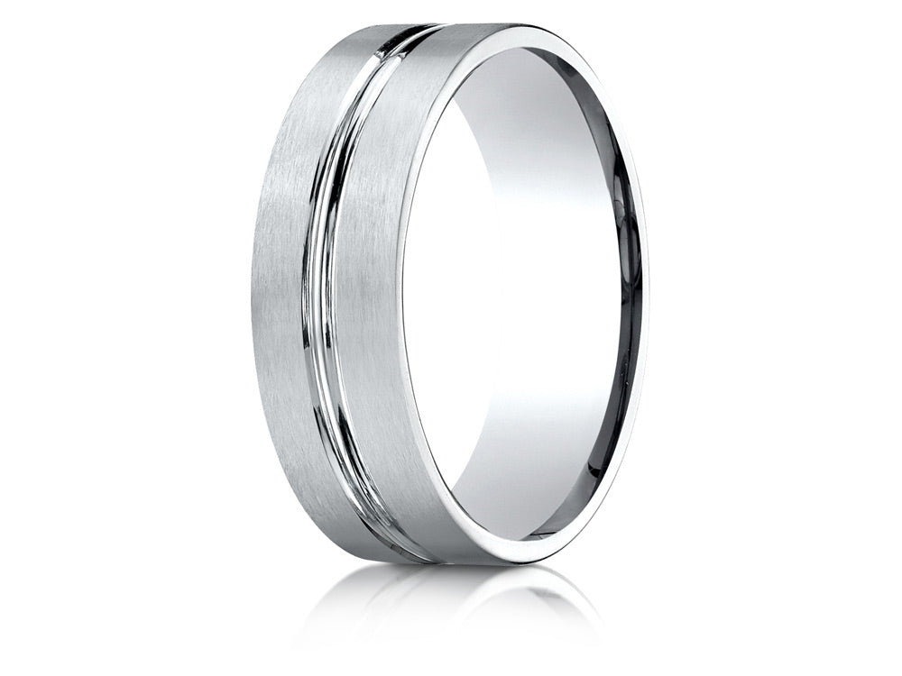 Benchmark® 14k Gold 7mm Comfort-fit Satin-finished With High Polished Center Cut Carved Design Wedding Band Ring