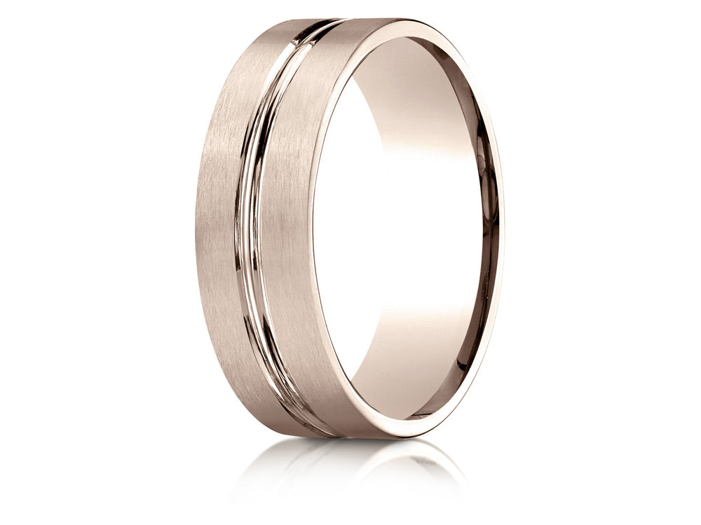 Benchmark® 14k Rose Gold 7mm Comfort-fit Satin-finished With High Polished Center Cut Carved Design Wedding Band Ring