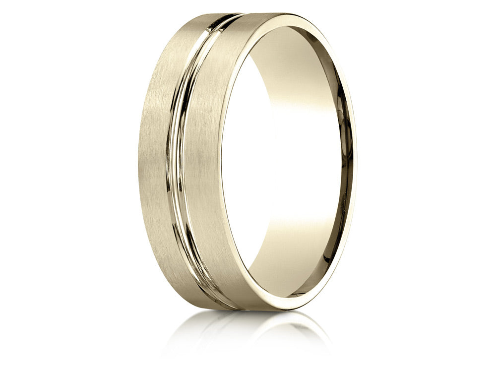 Benchmark® 18k Gold 7mm Comfort-fit Satin-finished With High Polished Center Cut Carved Design Wedding Band Ring