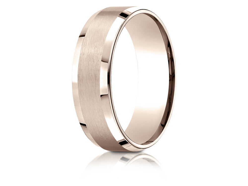 Benchmark® 14k Rose Gold 7mm Comfort-fit Satin-finished With High Polished Beveled Edge Carved Design Wedding Band Ring