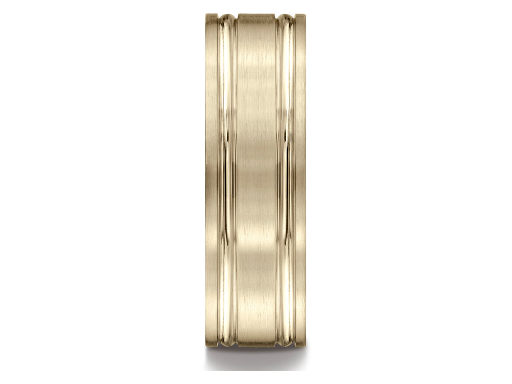 Benchmark® 14k Gold 7mm Comfort-fit Satin-finished With Parallel Grooves Carved Design Wedding Band Ring