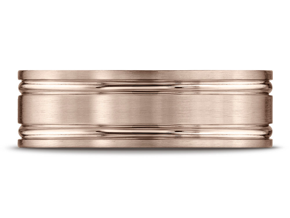 Benchmark® 14k Rose Gold 7mm Comfort-fit Satin-finished With Parallel Grooves Carved Design Wedding Band Ring