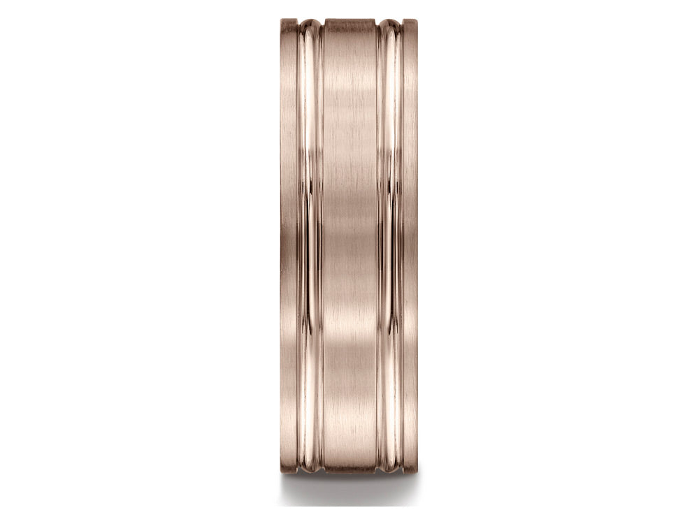 Benchmark® 14k Rose Gold 7mm Comfort-fit Satin-finished With Parallel Grooves Carved Design Wedding Band Ring