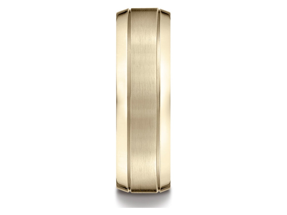 Benchmark® 14k Gold 7mm Comfort-fit Satin-finished High Polished Beveled Edge Carved Design Wedding Band Ring