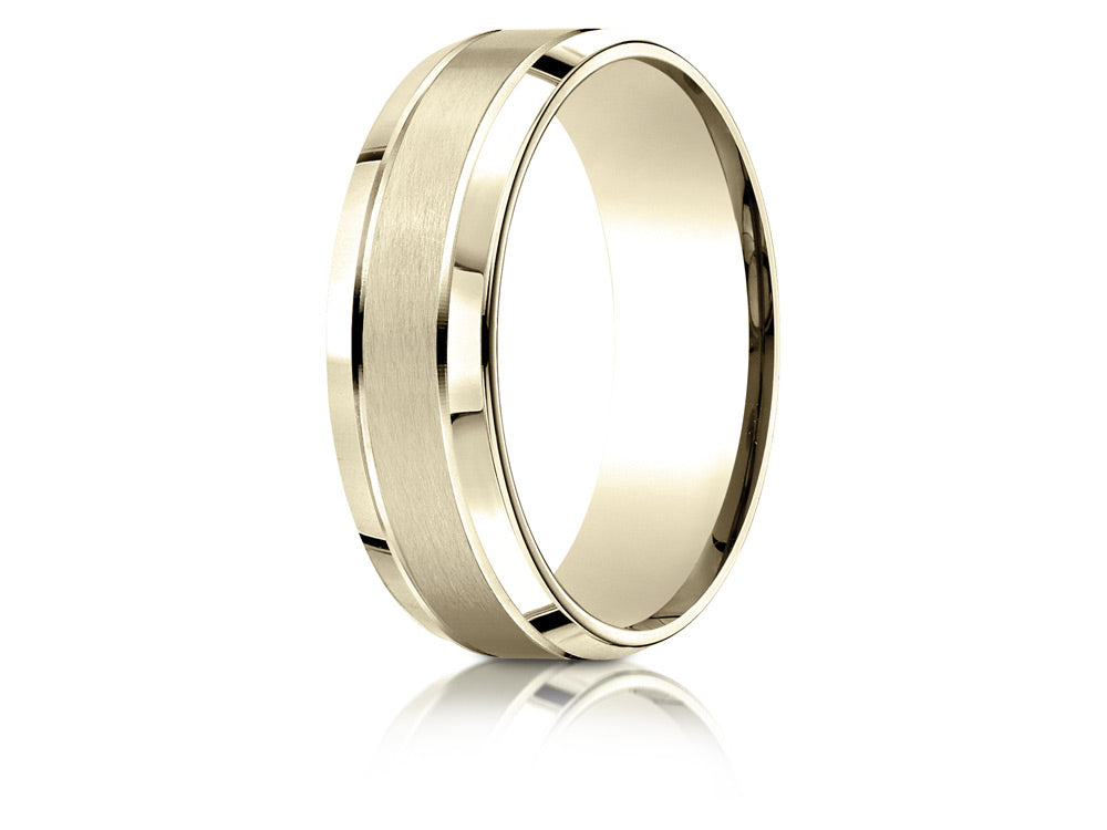 Benchmark® 10k Gold 7mm Comfort-fit Satin-finished High Polished Beveled Edge Carved Design Wedding Band Ring