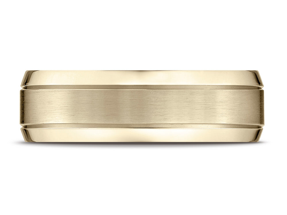 Benchmark® 18k Gold 7mm Comfort-fit Satin-finished High Polished Beveled Edge Carved Design Wedding Band Ring