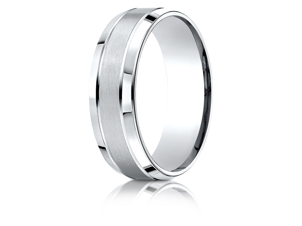 Benchmark® 18k Gold 7mm Comfort-fit Satin-finished High Polished Beveled Edge Carved Design Wedding Band Ring
