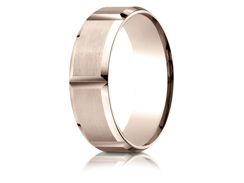 Benchmark® 14k Rose Gold 7mm Comfort-fit Satin-finished Grooves Carved Design Wedding Band Ring
