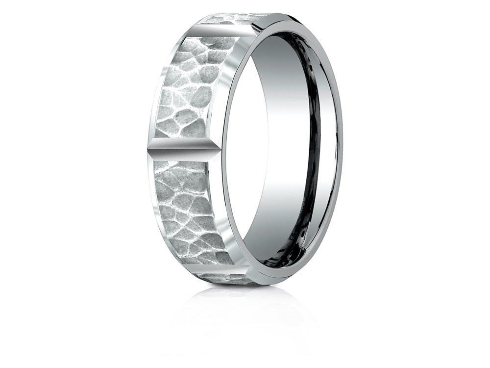 Benchmark® 14 Karat Gold 7mm Comfort-fit Hammered Finish Grooved Carved Design Wedding Band Ring