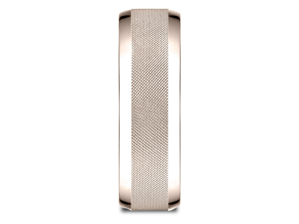 Benchmark® 14 Karat Rose Gold 7mm Comfort-fit High Polish Round Edge Cross Hatch Center Design Wedding Band Ring