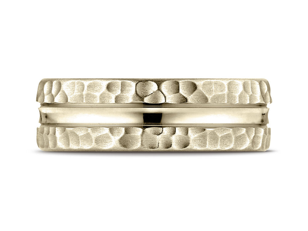 Benchmark® 14k Gold 7.5mm Comfort Fit Hammered Finish Center Cut Design Wedding Band Ring