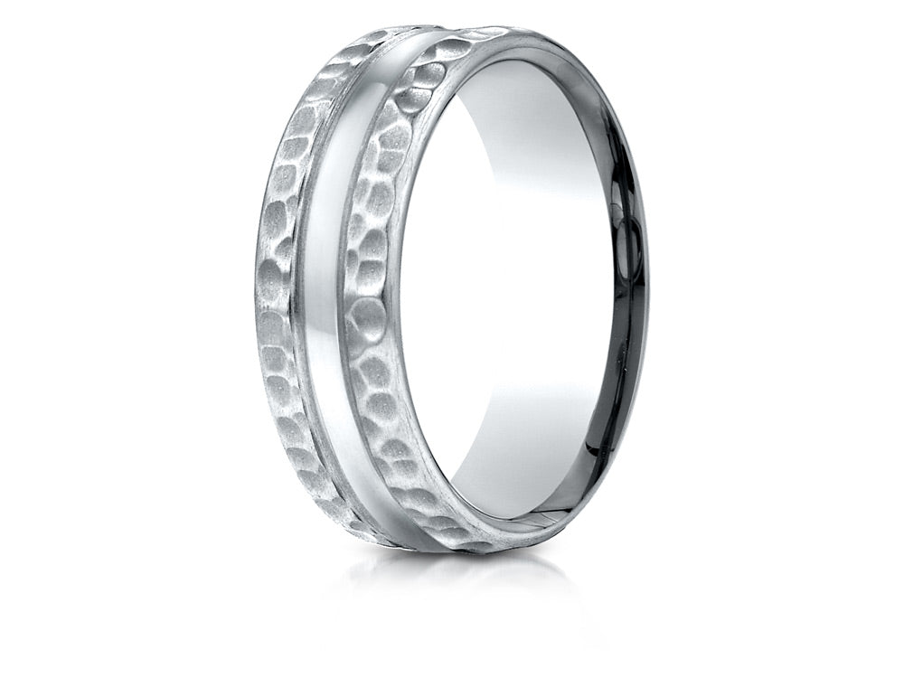 Benchmark® 14k Gold 7.5mm Comfort Fit Hammered Finish Center Cut Design Wedding Band Ring
