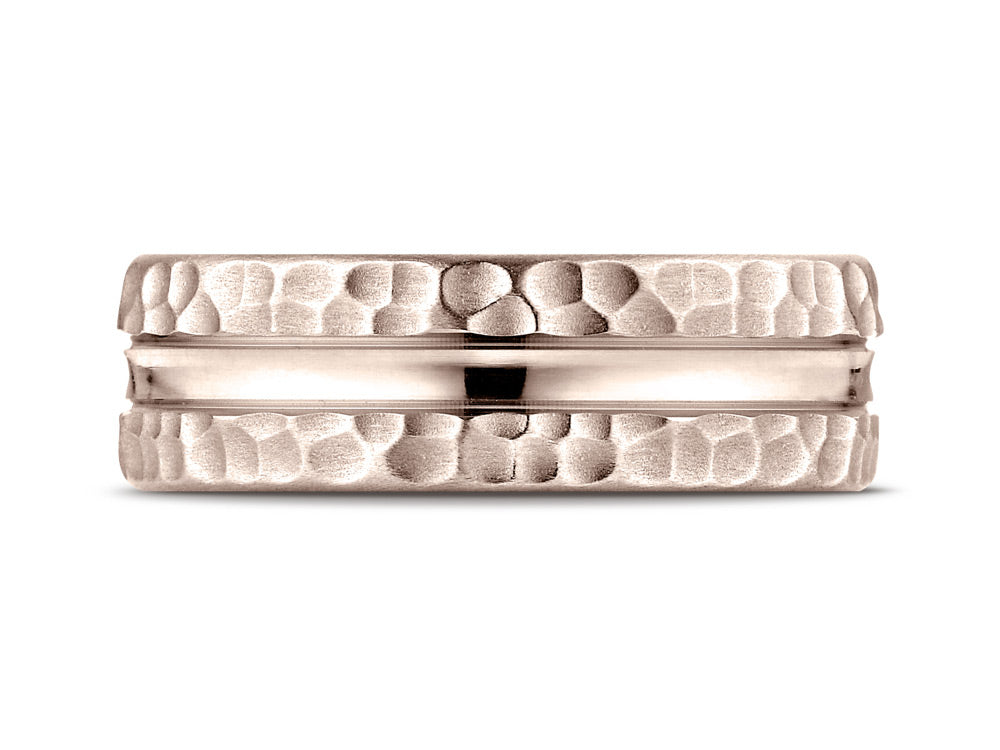 Benchmark® 14k Rose Gold 7.5mm Comfort Fit Hammered Finish Center Cut Design Wedding Band Ring