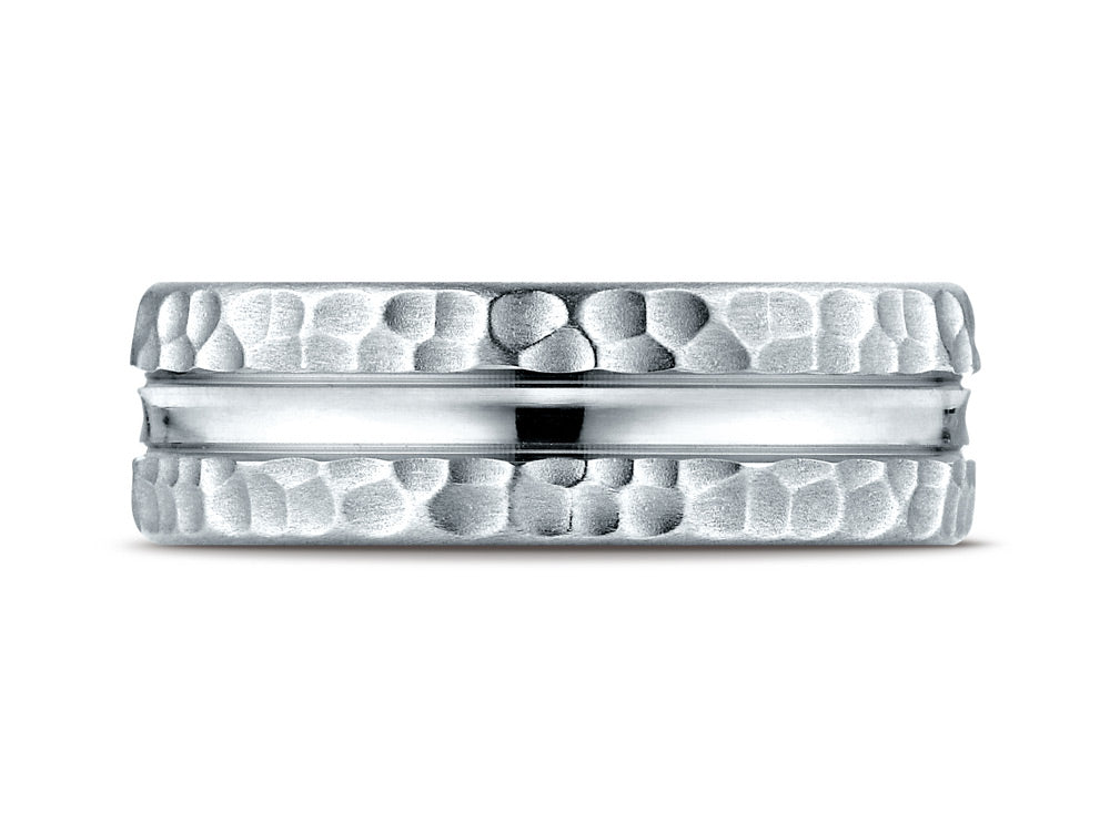 Benchmark® 18k Gold 7.5mm Comfort Fit Hammered Finish Center Cut Design Wedding Band Ring