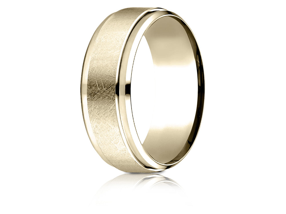 Benchmark® 14 Karat Gold 7mm Comfort-fit Drop Bevel Swirl Finish Center Design Wedding Band Ring