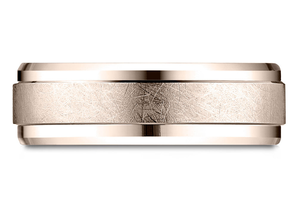 Benchmark® 14 Karat Rose Gold 7mm Comfort-fit Drop Bevel Swirl Finish Center Design Wedding Band Ring