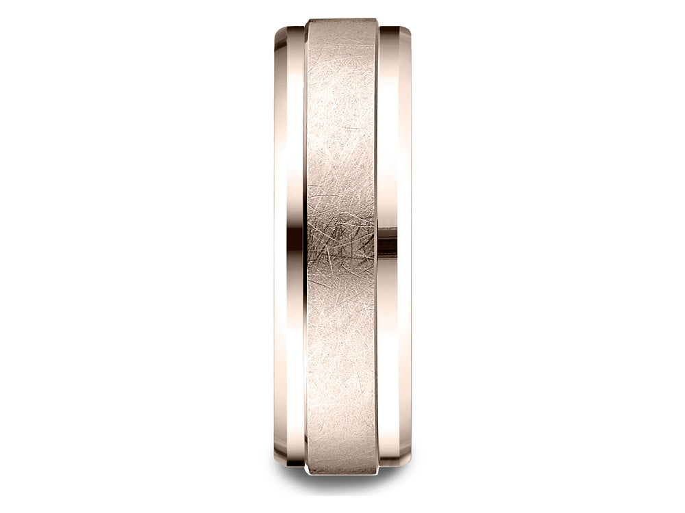 Benchmark® 14 Karat Rose Gold 7mm Comfort-fit Drop Bevel Swirl Finish Center Design Wedding Band Ring
