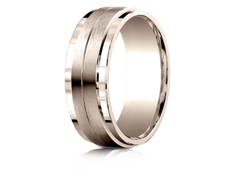 Benchmark® 14k Rose Gold 8mm Comfort-fit Drop Bevel Satin Center Design Wedding Band Ring