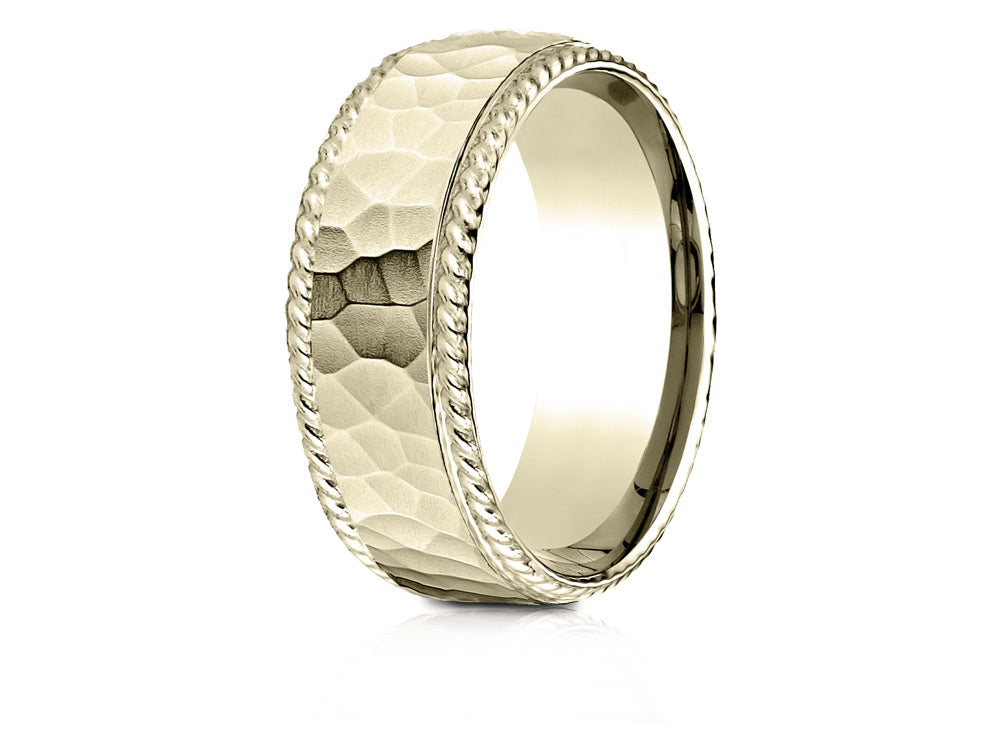 Benchmark® 18k Gold 8mm Comfort-fit Rope Edge Hammered Finish Design Wedding Band Ring
