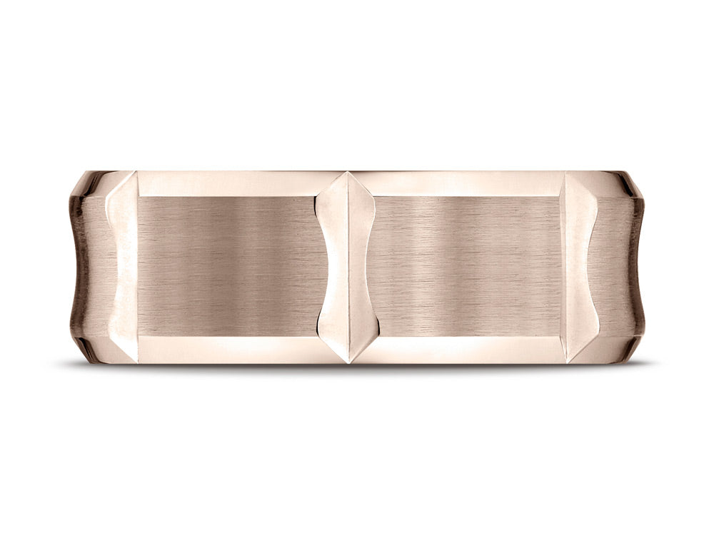 Benchmark® 14k Rose Gold 8mm Comfort-fit Satin-finished Beveled Edge Concave Horizontal Cuts Wedding Band Ring
