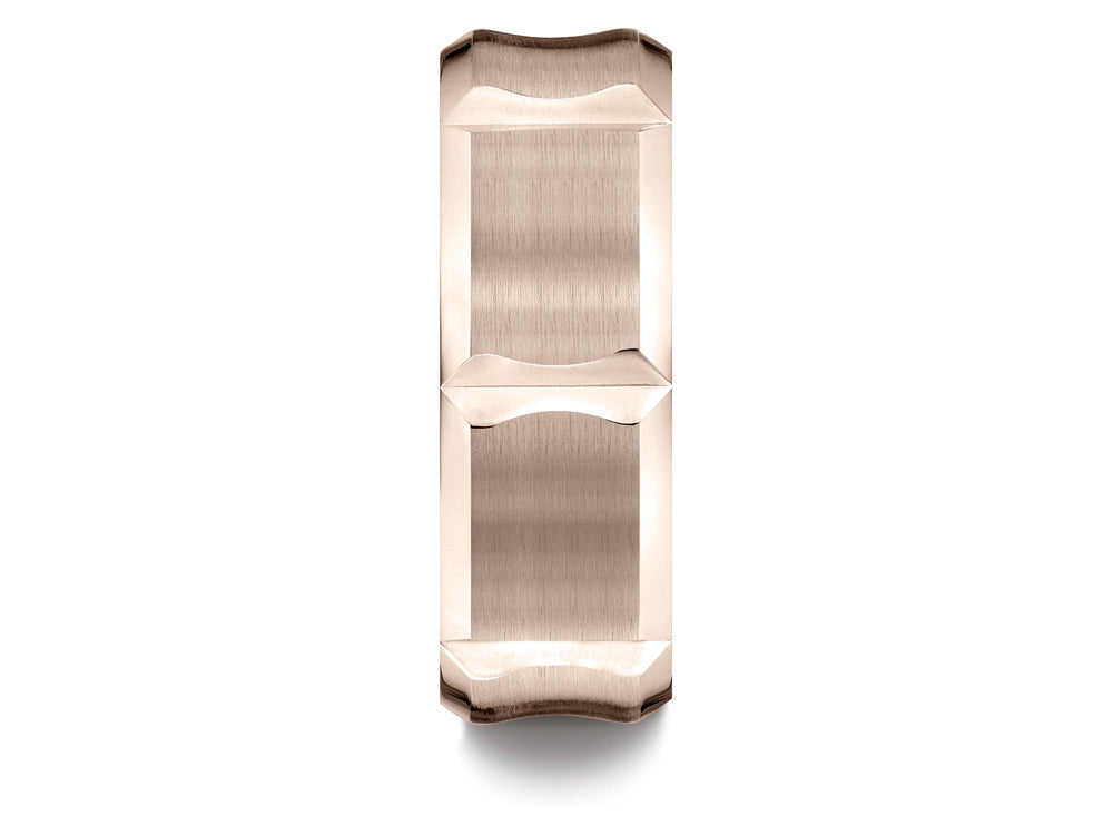 Benchmark® 14k Rose Gold 8mm Comfort-fit Satin-finished Beveled Edge Concave Horizontal Cuts Wedding Band Ring