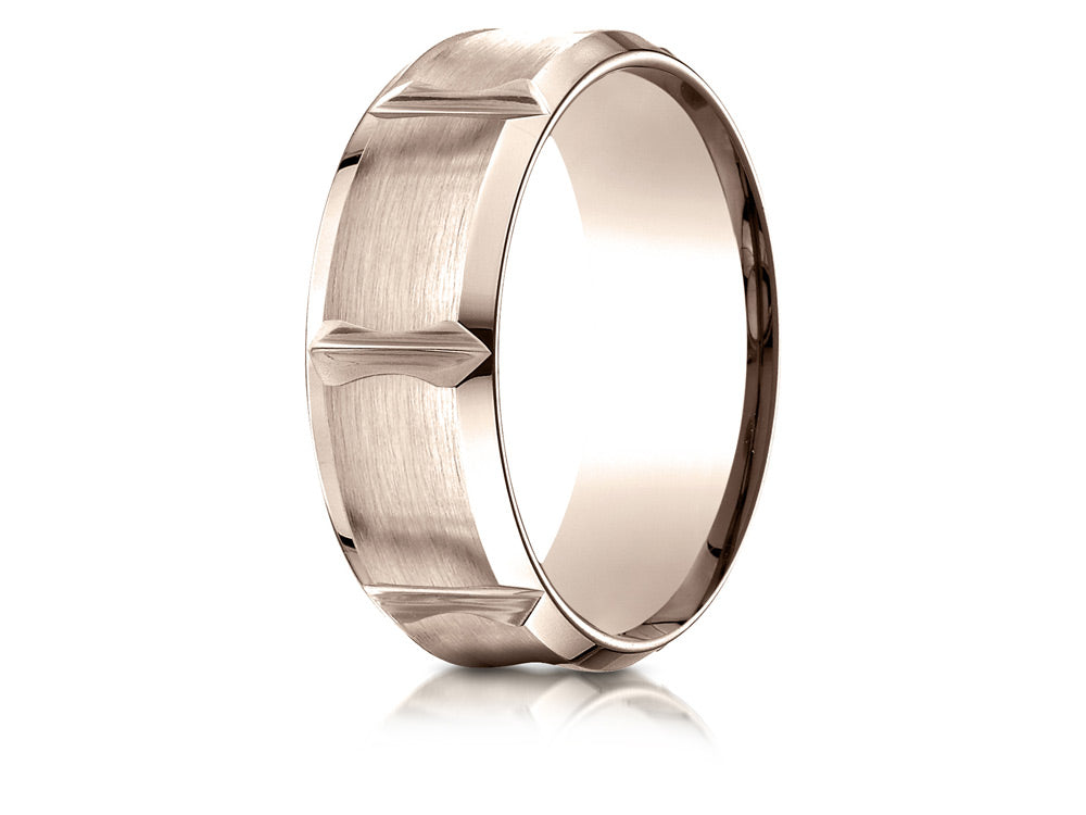 Benchmark® 14k Rose Gold 8mm Comfort-fit Satin-finished Beveled Edge Concave Horizontal Cuts Wedding Band Ring