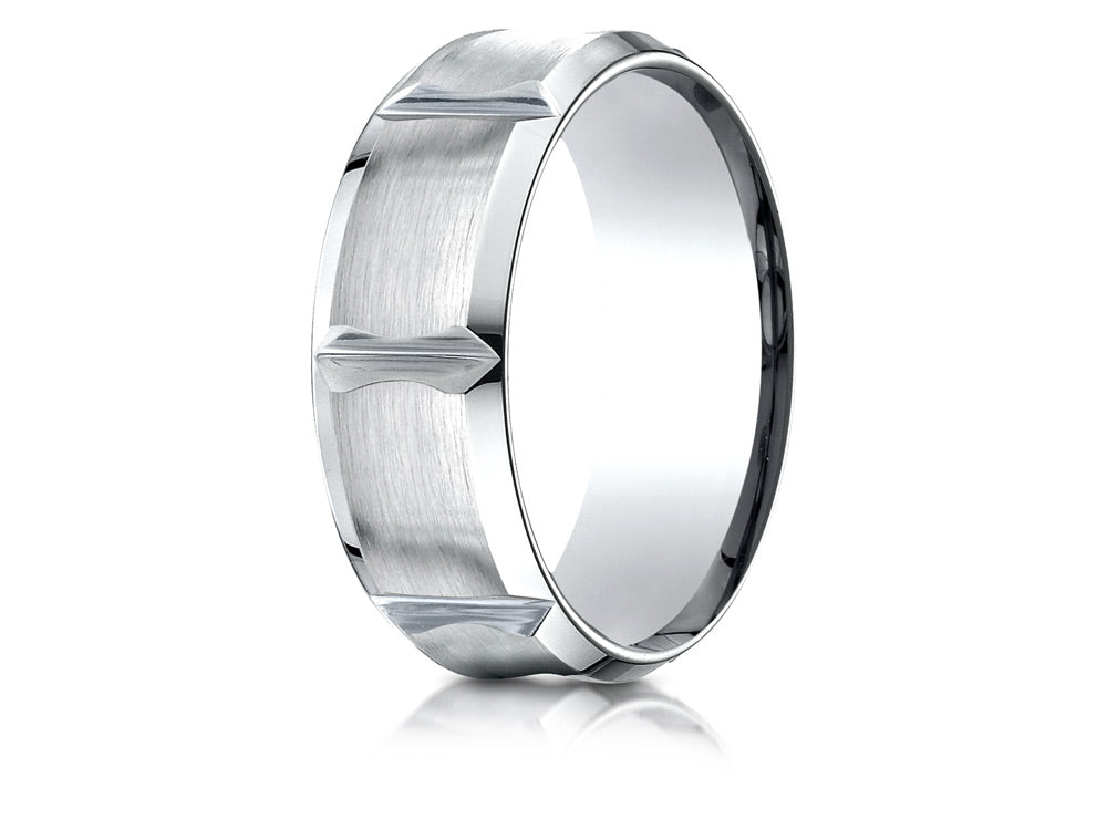 Benchmark® 18k Gold 8mm Comfort-fit Satin-finished Beveled Edge Concave With Horizontal Cuts Carved Design Wedding Band