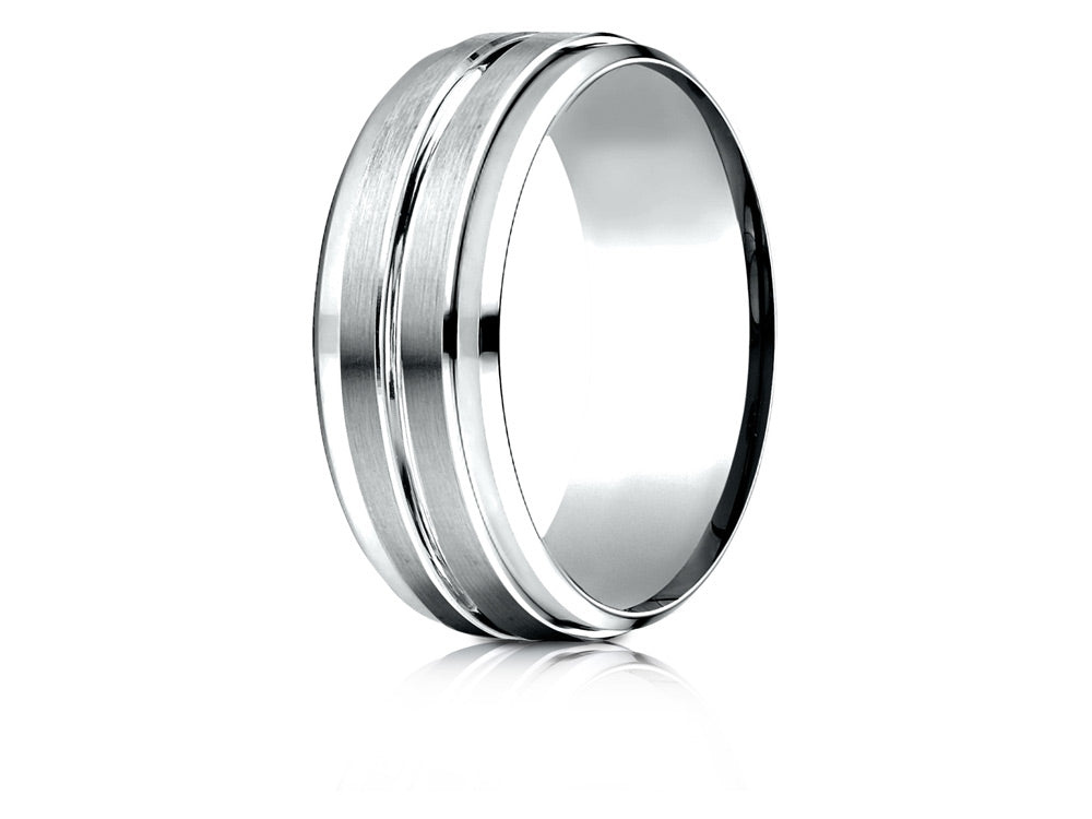 Benchmark® 14k Gold 8mm Comfort-fit Drop Bevel Satin Center Cut Design Wedding Band Ring