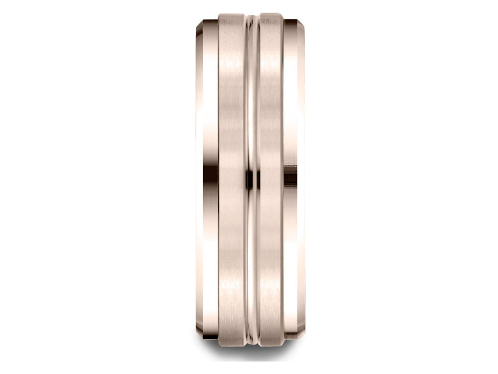 Benchmark® 14k Rose Gold 8mm Comfort-fit Drop Bevel Satin Center Cut Design Wedding Band Ring