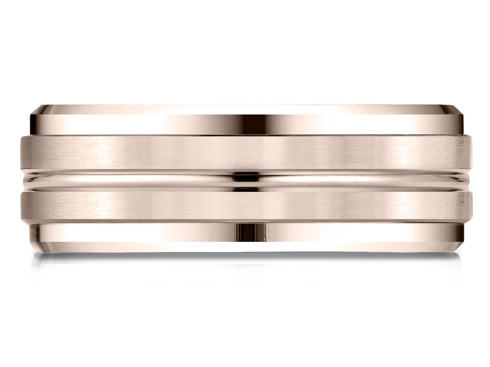 Benchmark® 14k Rose Gold 8mm Comfort-fit Drop Bevel Satin Center Cut Design Wedding Band Ring