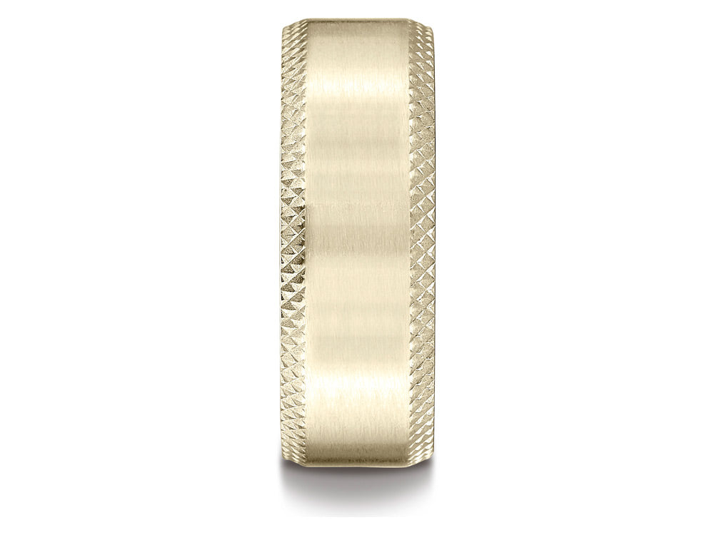 Benchmark® 14k Gold 8mm Comfort-fit Satin-finished Cross Hatched Beveled Edge Carved Design Wedding Band Ring