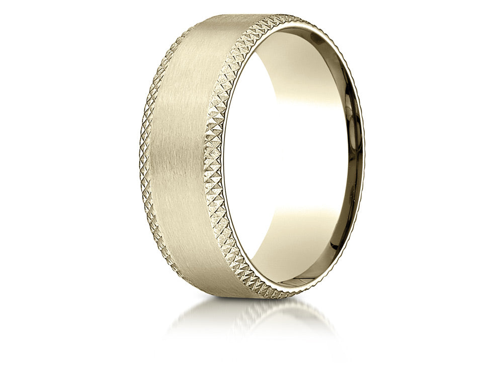 Benchmark® 14k Gold 8mm Comfort-fit Satin-finished Cross Hatched Beveled Edge Carved Design Wedding Band Ring