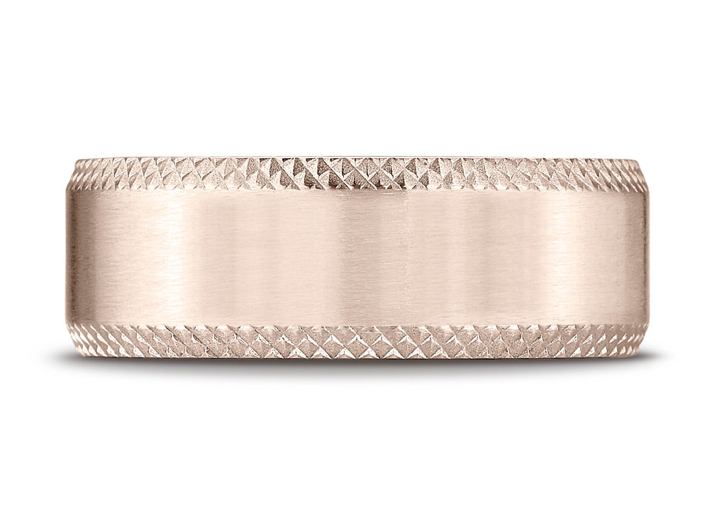 Benchmark® 14k Rose Gold 8mm Comfort-fit Satin-finished Cross Hatched Beveled Edge Carved Design Wedding Band Ring